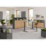 Drei Korpusse mit Sockelgestell in Graphit und Holzoptik der Serie FlexWall von hjh OFFICE PRO