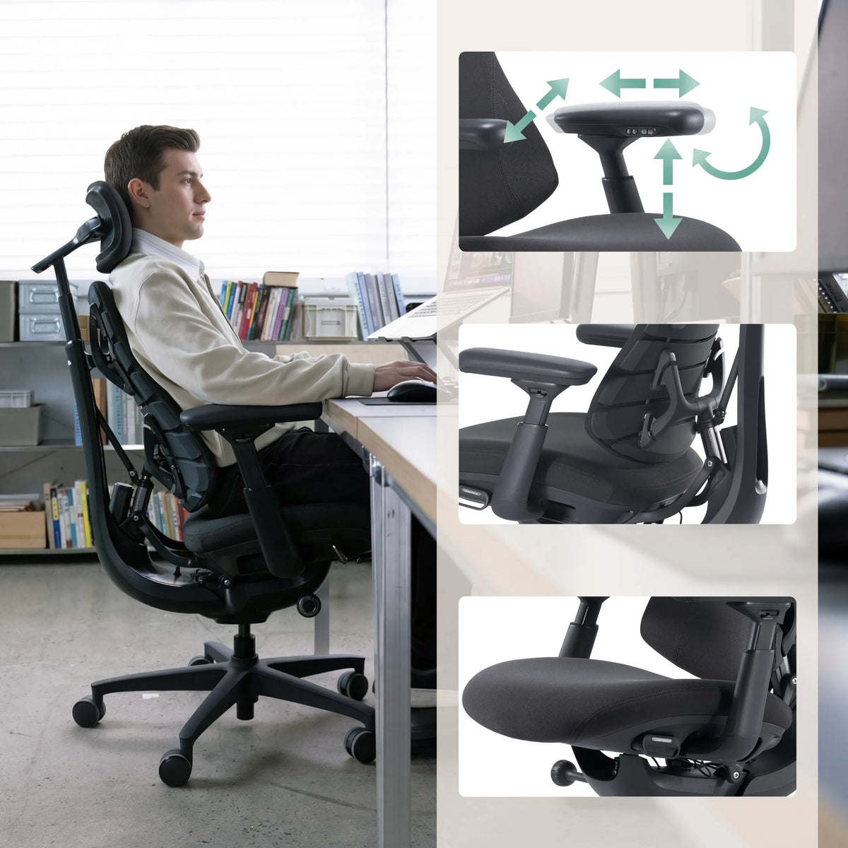 Verstellbare Armlehnen und Sitzmechanik des High-End-Bürostuhls LiberNovo Omni Pro von Libernovo