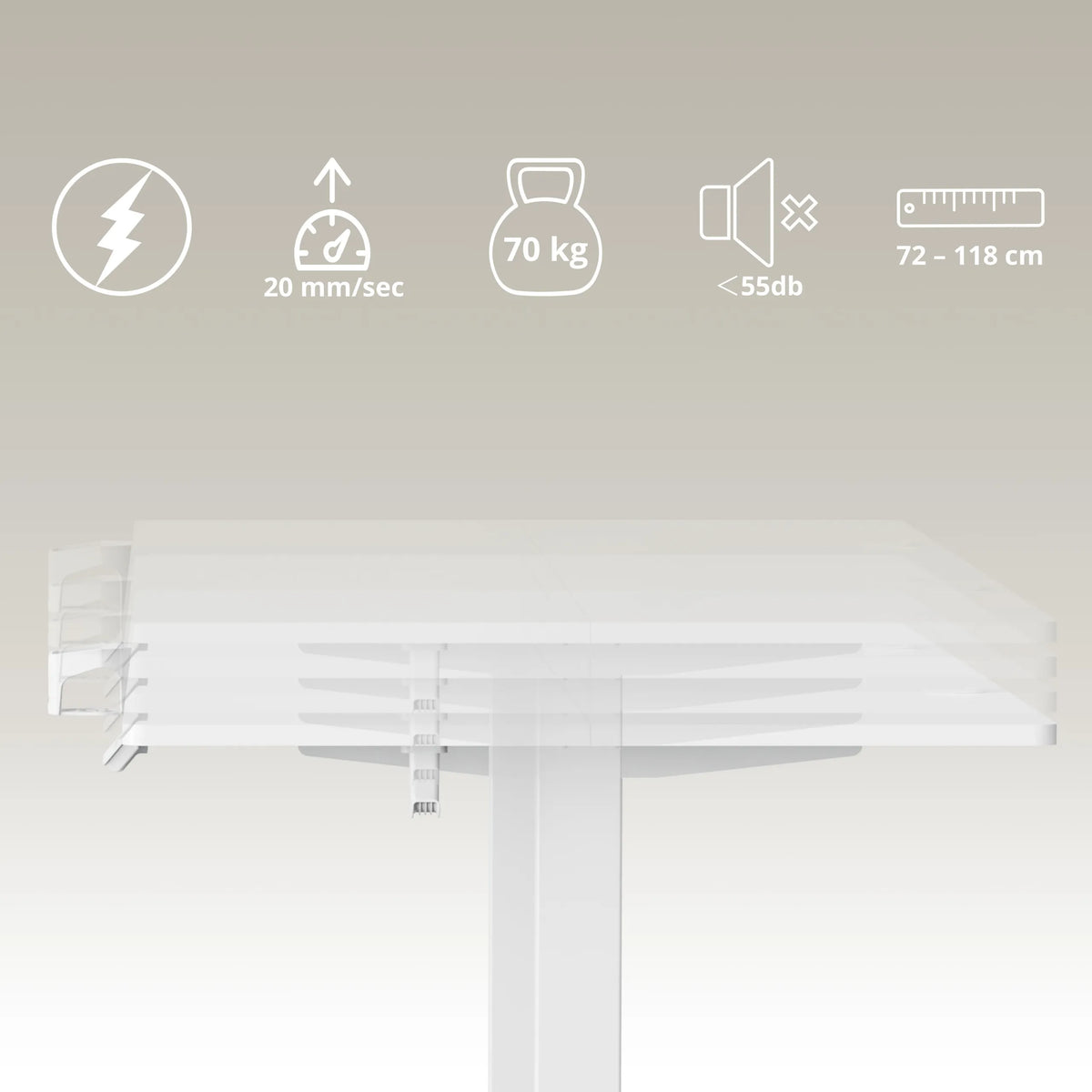 Technische Daten des elektrisch höhenverstellbaren Schreibtisches Worktime mit Angaben zu Speed, Last und Maß von hjh OFFICE
