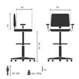 Technische Zeichnung des Counterstuhls FLEX CHAIR C mit einer Sitzhöhe von 63–80 cm von Bosen Europe