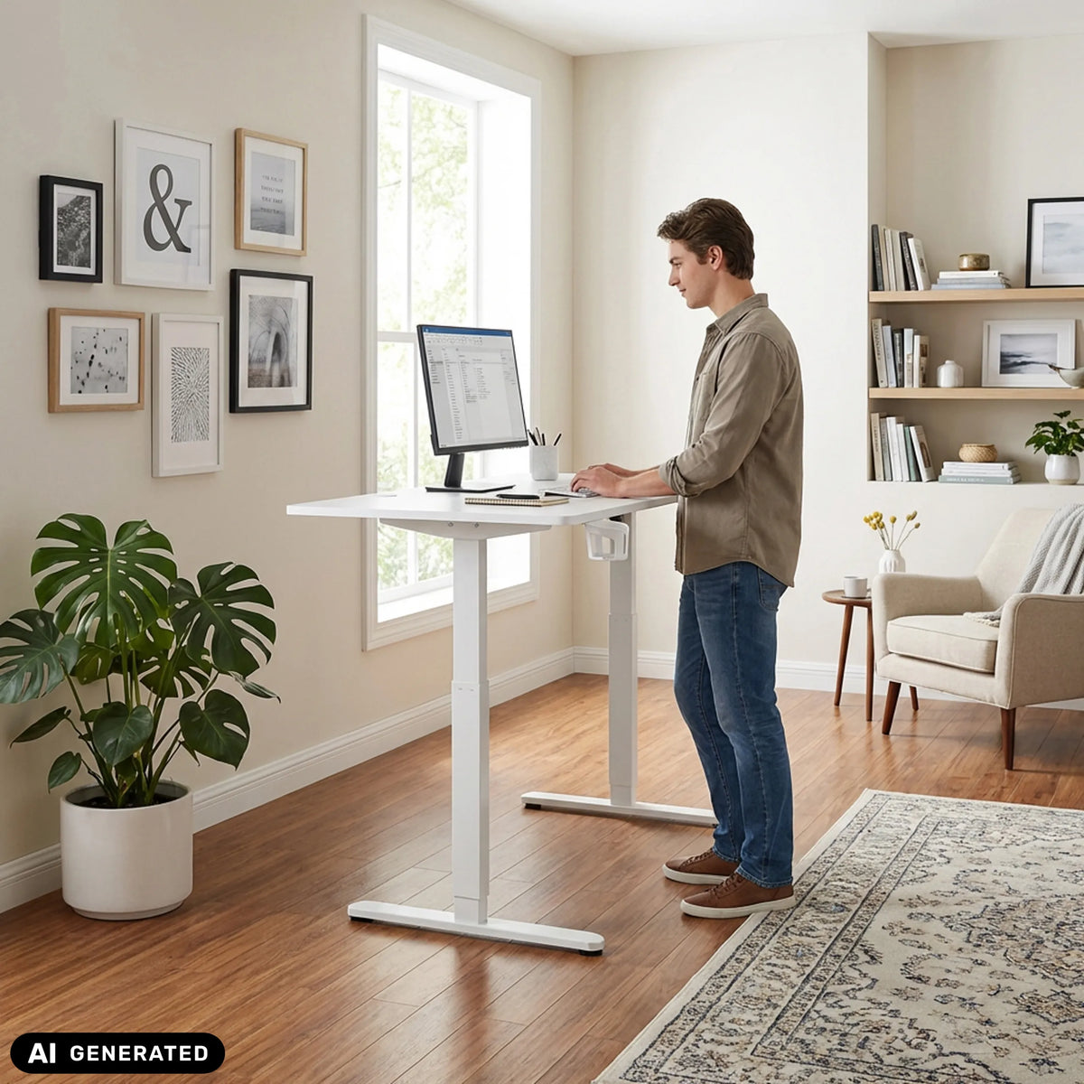 Elektrisch höhenverstellbarer Schreibtisch Worktime in Weiß von hjh OFFICE (KI-generiertes Bild)