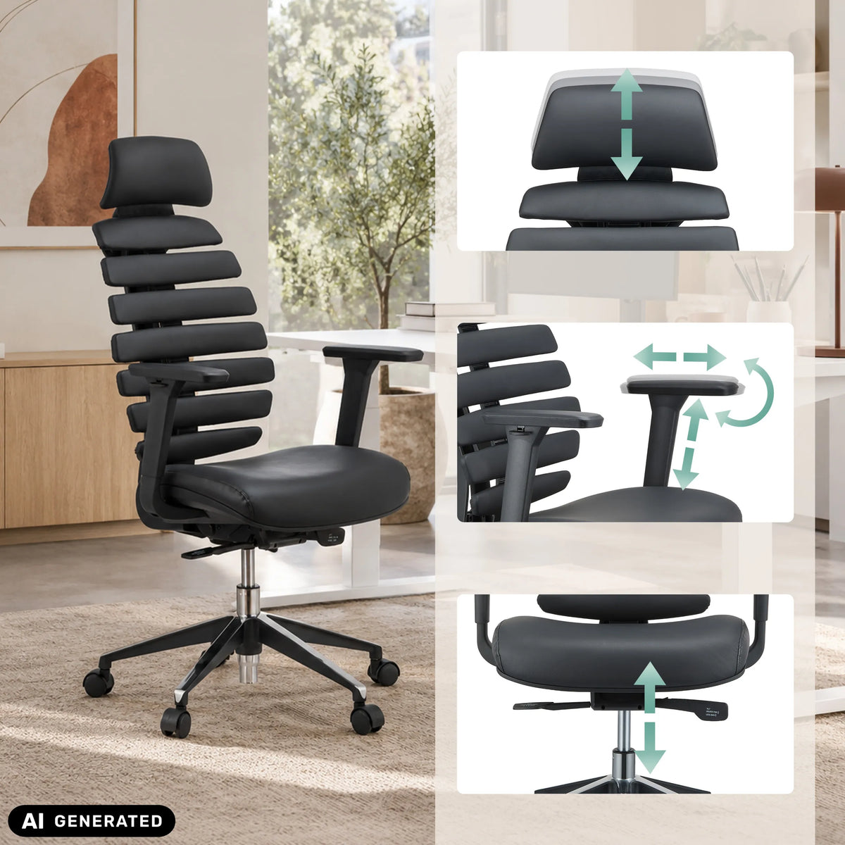 Höhenverstellbare Kopfstütze, Armlehnen und Sitzhöhe des Profi-Bürostuhls ERGO LINE II PRO in Schwarz von hjh OFFICE