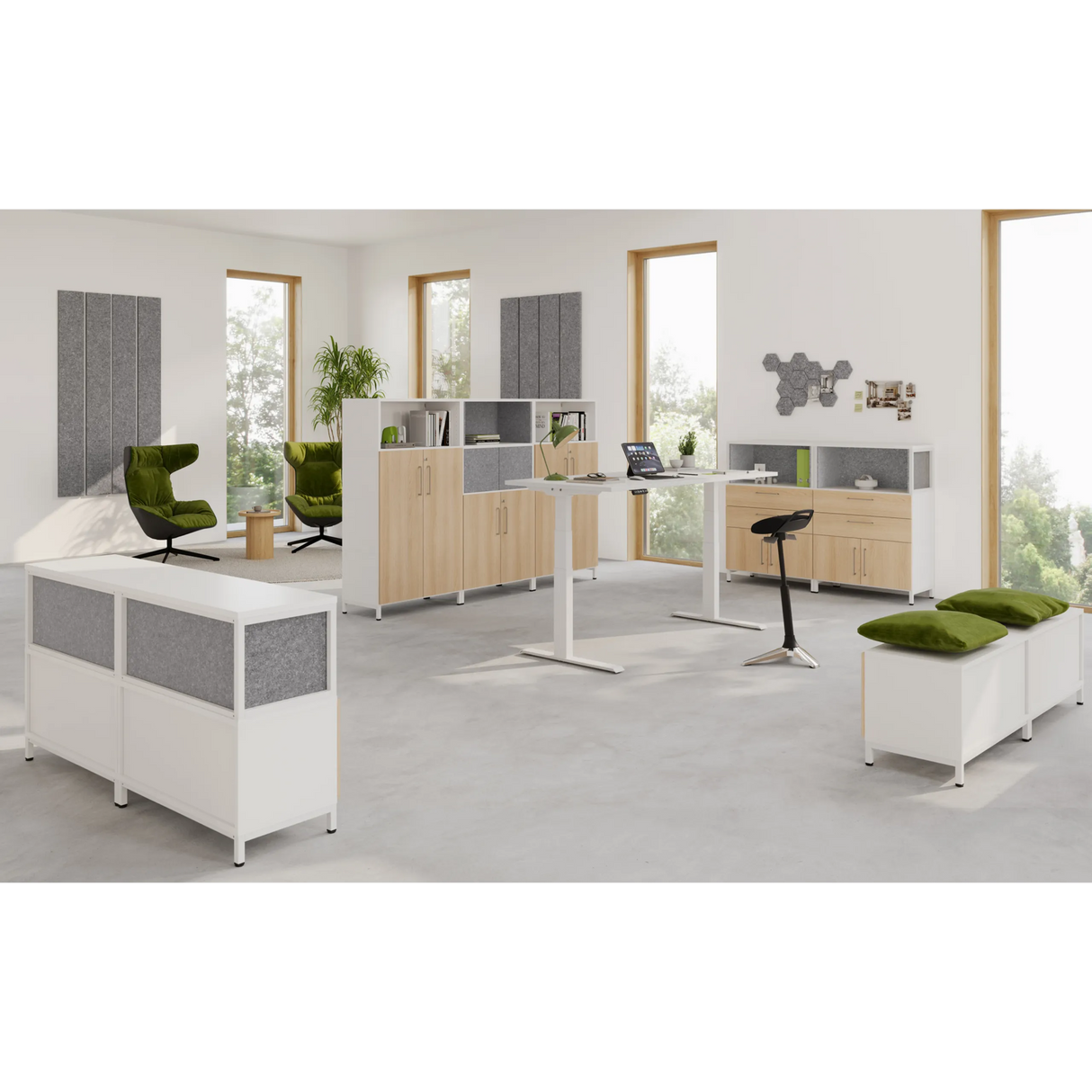 Büromöbel-Serie FlexWall mit Schränken, höhenverstellbarem Schreibtisch und Sitzmöbeln in Weiß und Eiche von hjh OFFICE PRO