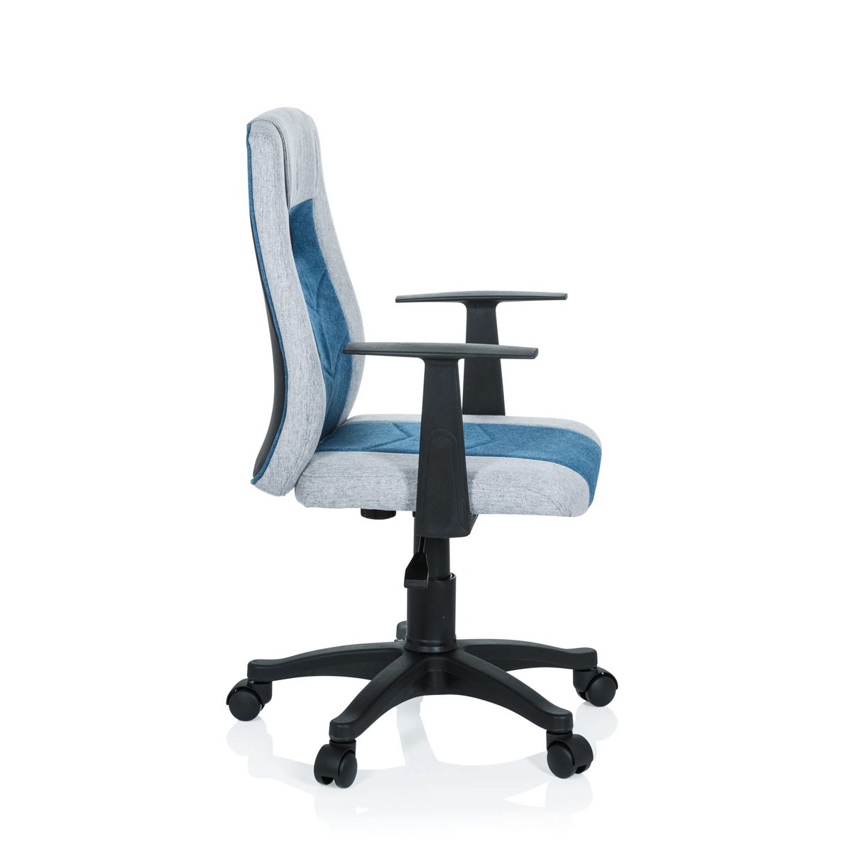 Grau-blauer Kinderdrehstuhl KIDDY EXTRA mit Armlehnen und Fußkreuz mit fünf Rollen von hjh OFFICE – 360-Grad-Ansicht (Seitenprofil 80°)