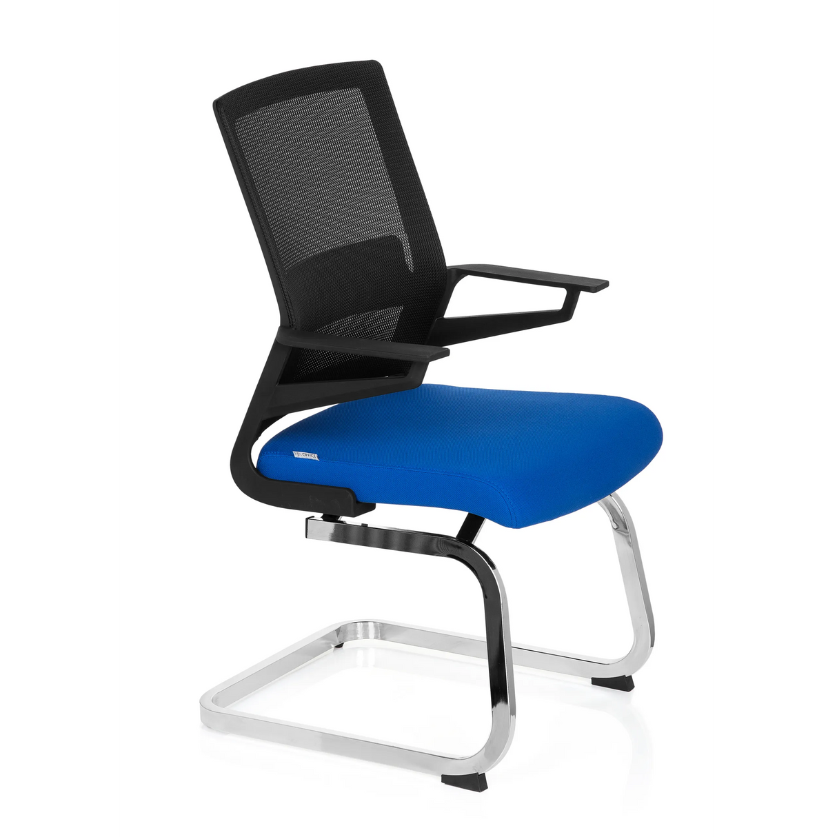 Blau-schwarzer Freischwinger INVENTOR V mit Netzrücken und Armlehnen von hjh OFFICE – 360-Grad-Ansicht (schräge Frontansicht 60°)