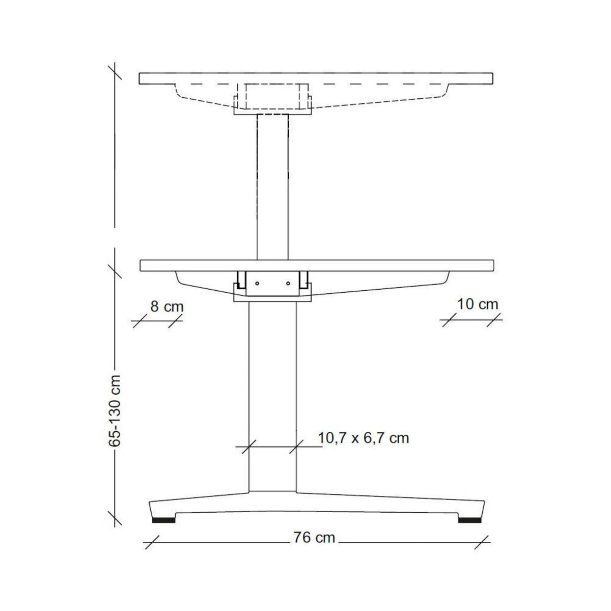 Maßzeichnung des elektrisch höhenverstellbaren Schreibtischs XBHM 12 GC mit einer Höhe von 65-130 cm von hjh OFFICE PRO