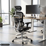 Luxus-Chefsessel ERGOHUMAN GEN2 mit Netzrückenlehne und Lederbezug in Schwarz von hjh OFFICE (KI-generiertes Bild)