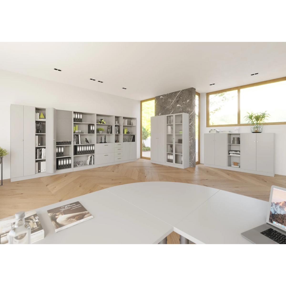 Modulares Regalsystem SIGNA K 6100G SG in Grau und Silber in einem hellen Büro von hjh OFFICE PRO