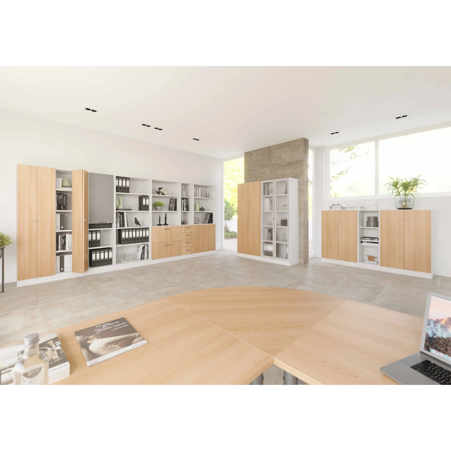 Regalsystem SIGNA K 6770 SG in Weiß und Eiche mit offenen Fächern und geschlossenen Schränken von hjh OFFICE PRO