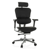 Schwarzer Luxus-Chefsessel ERGOHUMAN GEN2 aus Leder mit Kopfstütze und Fußkreuz mit fünf Rollen von hjh OFFICE – 360-Grad-Ansicht (Frontansicht 15°)