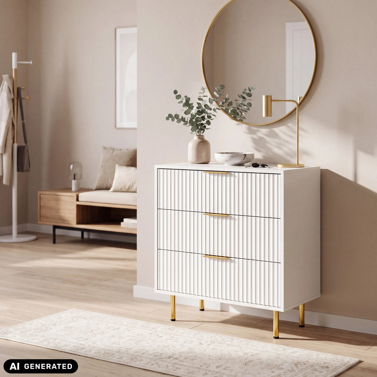 Weiße Kommode Hjelle K mit geriffelten Fronten und goldfarbenen Griffen sowie Beinen von hjh LIVING (KI-generiertes Bild)