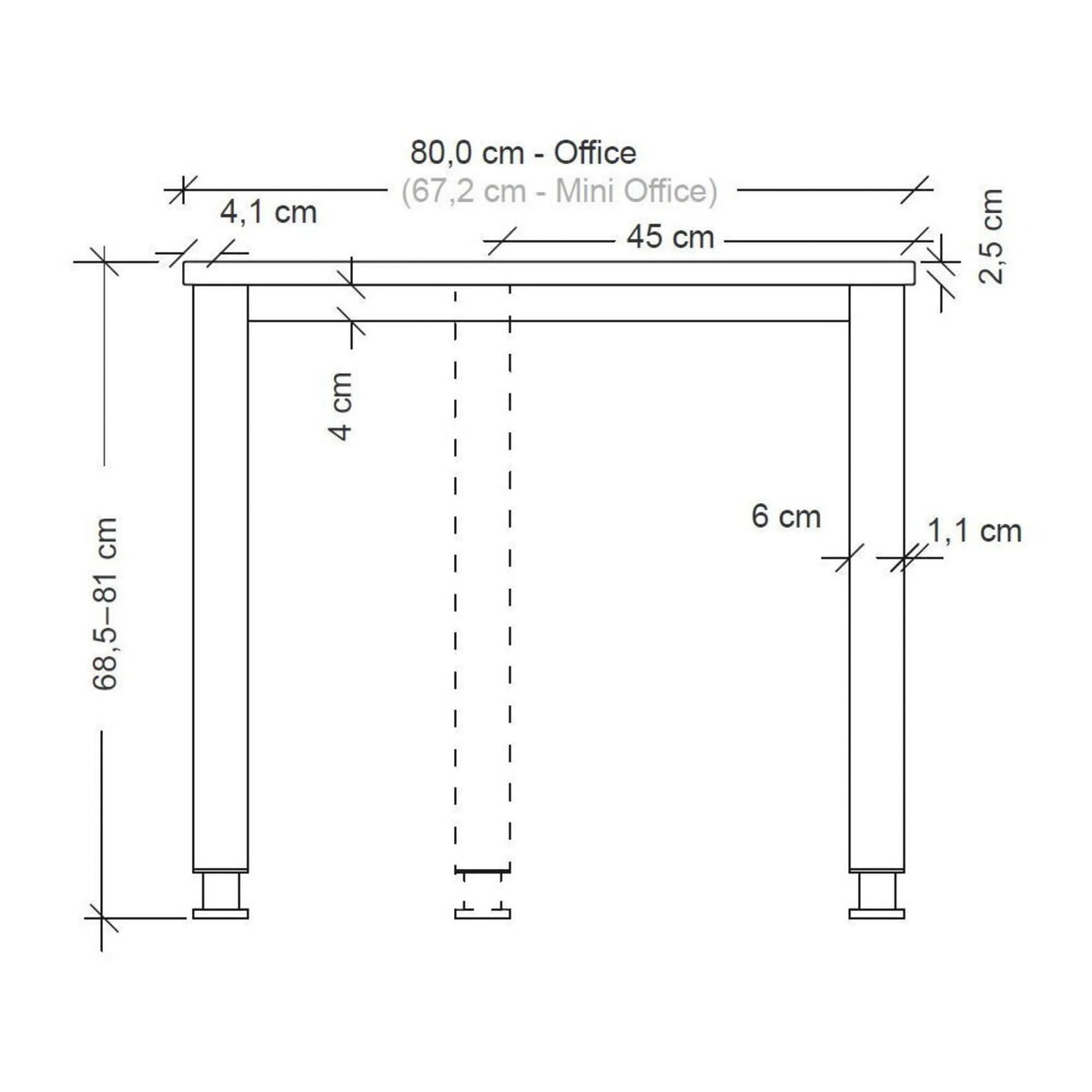 Maßzeichnung des Schreibtischs HILO 8 S mit einer Breite von 80,0 cm und Höhe von 68,5 bis 81 cm von hjh OFFICE PRO