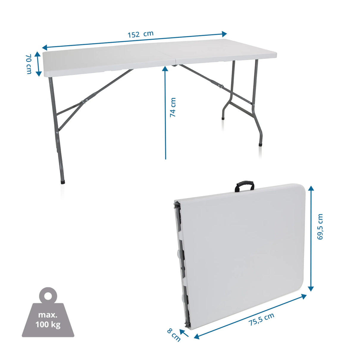 Maßzeichnung des Klapptischs EASY UP MULTI II mit 152 × 70 cm und einer Traglast von 100 kg von hjh OFFICE