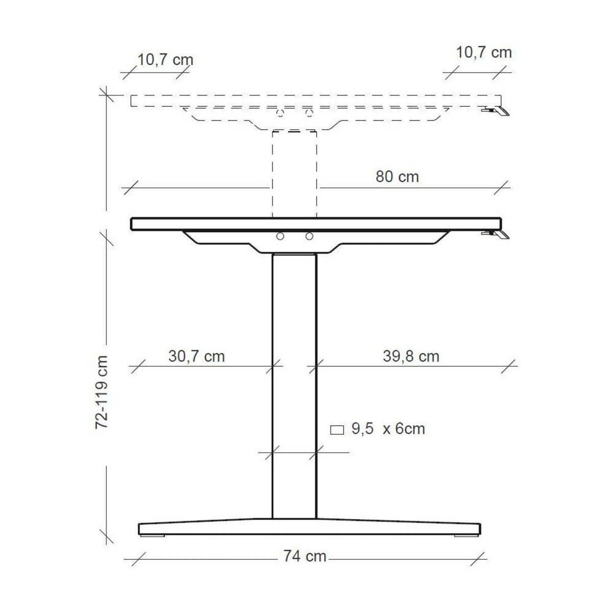 Maßzeichnung des höhenverstellbaren Schreibtischs XMKA 12 S mit einer Höhe von 72-119 cm von hjh OFFICE PRO
