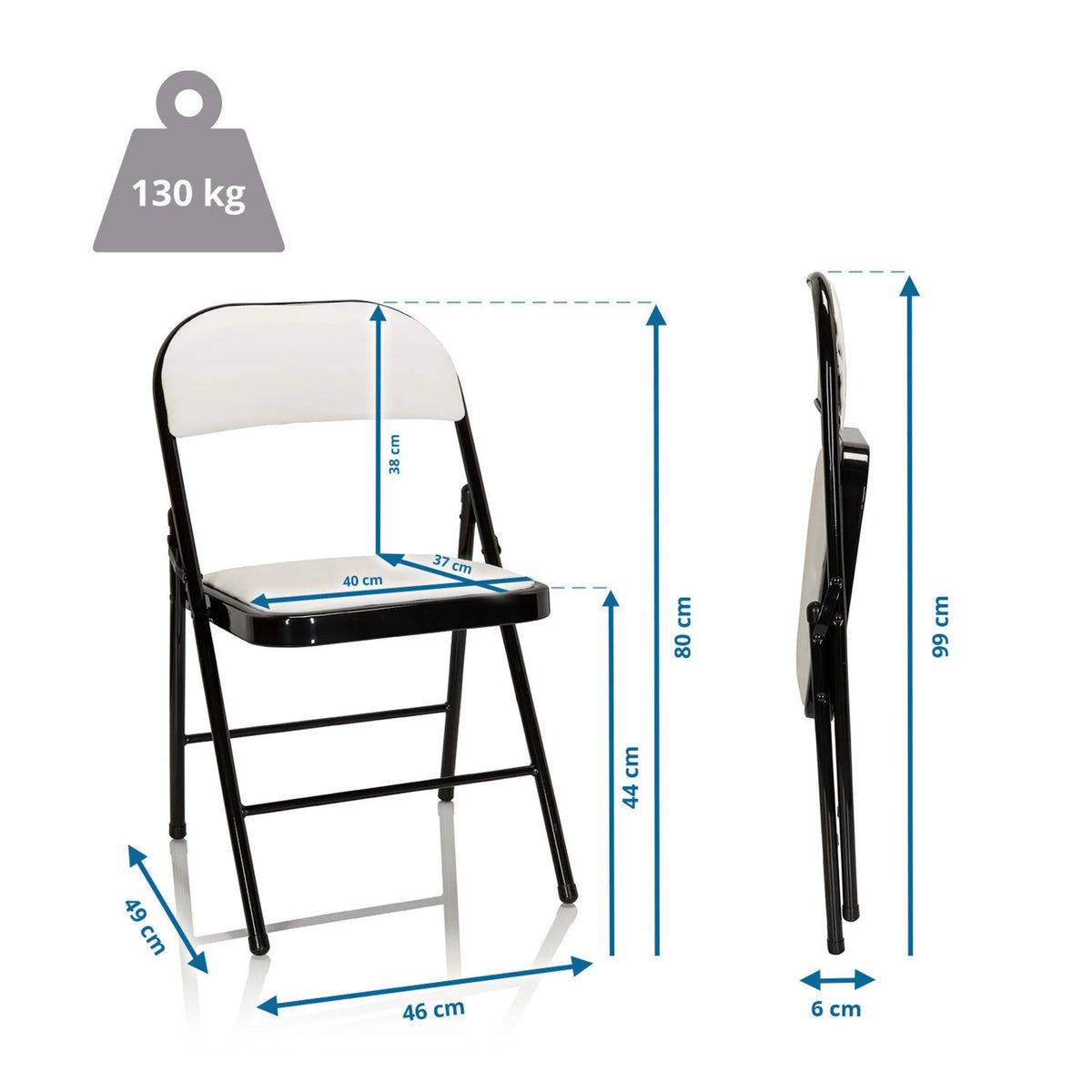 Maßzeichnung des Klappstuhls TUDELA mit einer Gesamthöhe von 80 cm und 130 kg Belastbarkeit von hjh OFFICE