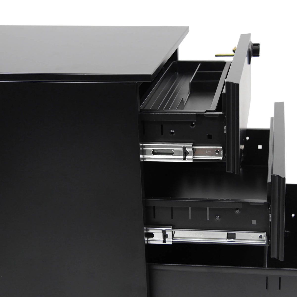 Ausgezogene Schubladen mit Metallführungen des Rollcontainers COLOR OS I in Schwarz von hjh OFFICE