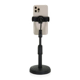 Schwarze Handy- und Tablethalterung FLEXMOBI II mit verstellbarem Arm und rundem Standfuß von hjh OFFICE