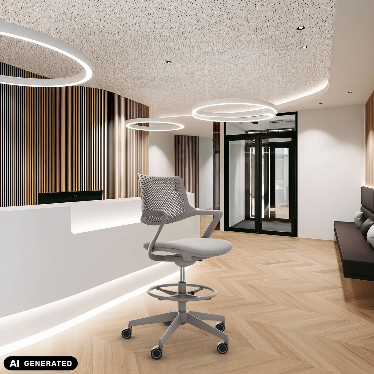 Counterstuhl FLEX CHAIR C in Taupe mit Netzrückenlehne und Fußring von Bosen Europe (KI-generiertes Bild)