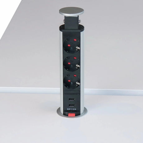 Zubehör ELDO601 als silberner Steckdosentower aus Aluminium mit drei Steckdosen und zwei USB-Ports von hjh OFFICE PRO