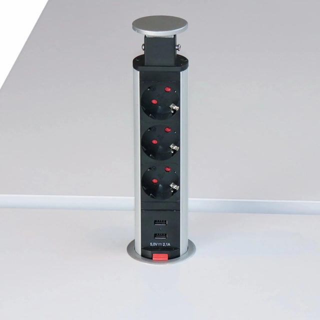 Zubehör ELDO601 als silberner Steckdosentower aus Aluminium mit drei Steckdosen und zwei USB-Ports von hjh OFFICE PRO