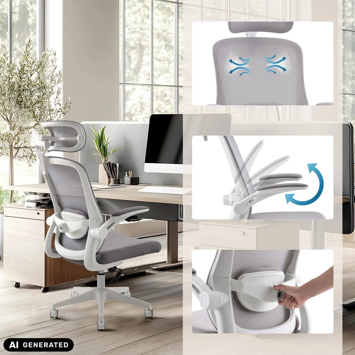 Homeoffice-Bürostuhl Vertuflex in Grau mit atmungsaktivem Netzrücken und Lendenstütze von MyBuero (KI-generiertes Bild)