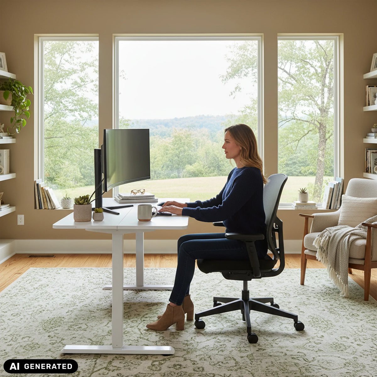 Elektrisch höhenverstellbarer Schreibtisch Worktime in Weiß von hjh OFFICE (KI-generiertes Bild)