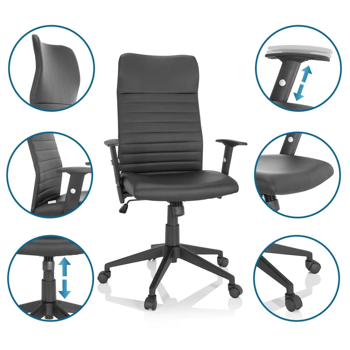 Schwarzer Homeoffice-Bürostuhl ARTON 30 mit Detailansichten zur Höhenverstellung und zu den Rollen von hjh OFFICE