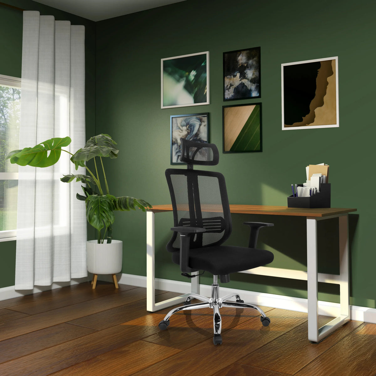 Schwarzer Home-Office-Bürostuhl ZH 200 mit Netzrücken und Kopfstütze von hjh OFFICE