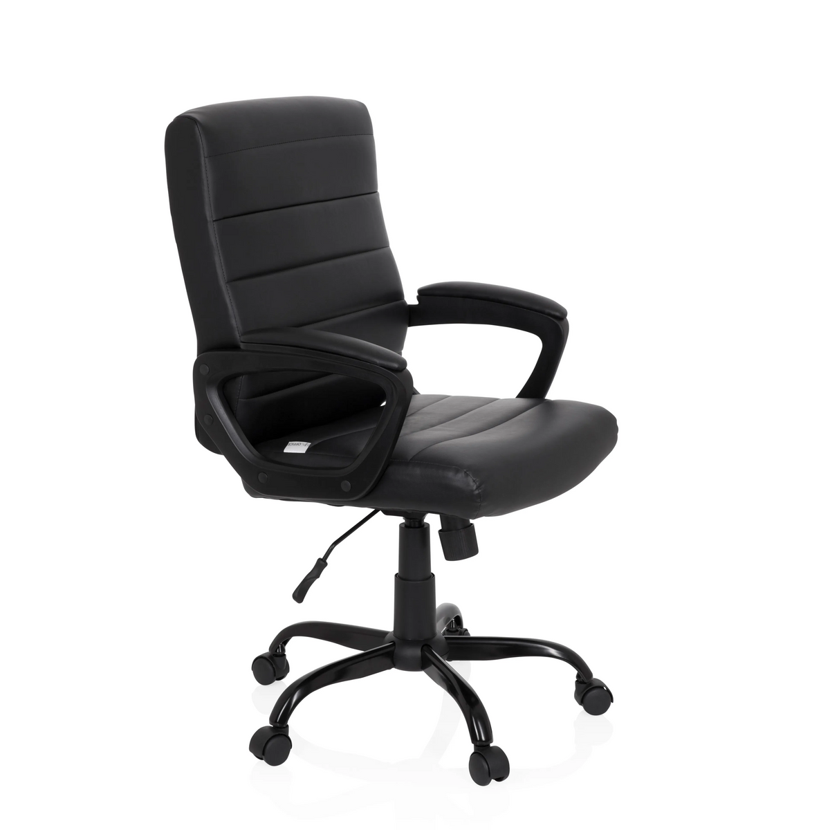Schwarzer Homeoffice Chefsessel ERGOSMOOTH BIG mit gesteppter Polsterung und Fußkreuz mit fünf Rollen von hjh OFFICE – 360-Grad-Ansicht (schräge Frontansicht 60°)