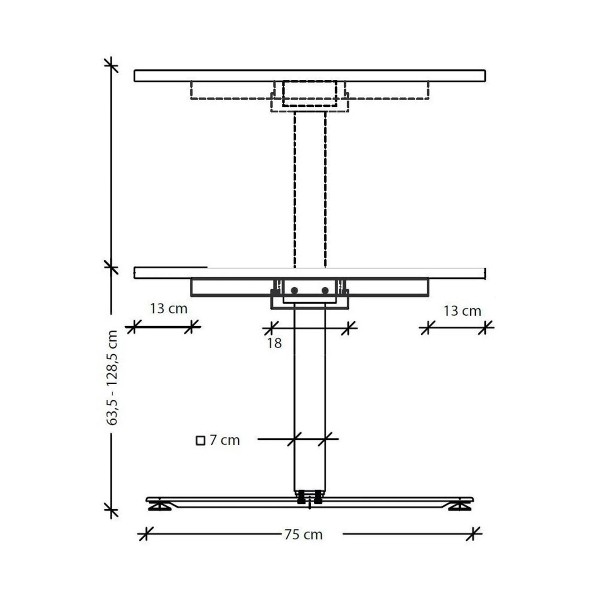 Maßzeichnung des höhenverstellbaren Schreibtischs XDSM 22 S mit einer Höhe von 63,5 bis 128,5 cm von hjh OFFICE PRO