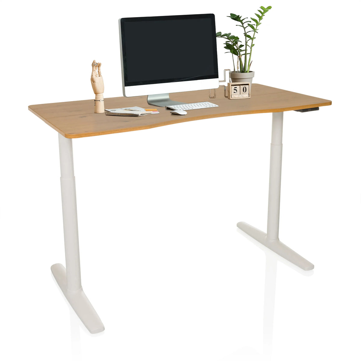 Elektrisch höhenverstellbarer Schreibtisch STAND PRO R in Eiche mit weißen Beinen von hjh OFFICE