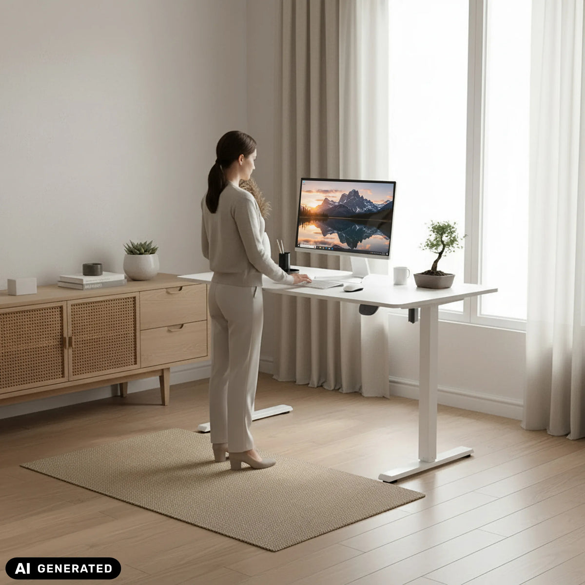 Elektrisch höhenverstellbarer Schreibtisch Worktime in Weiß im Einsatz von hjh OFFICE (KI-generiertes Bild)