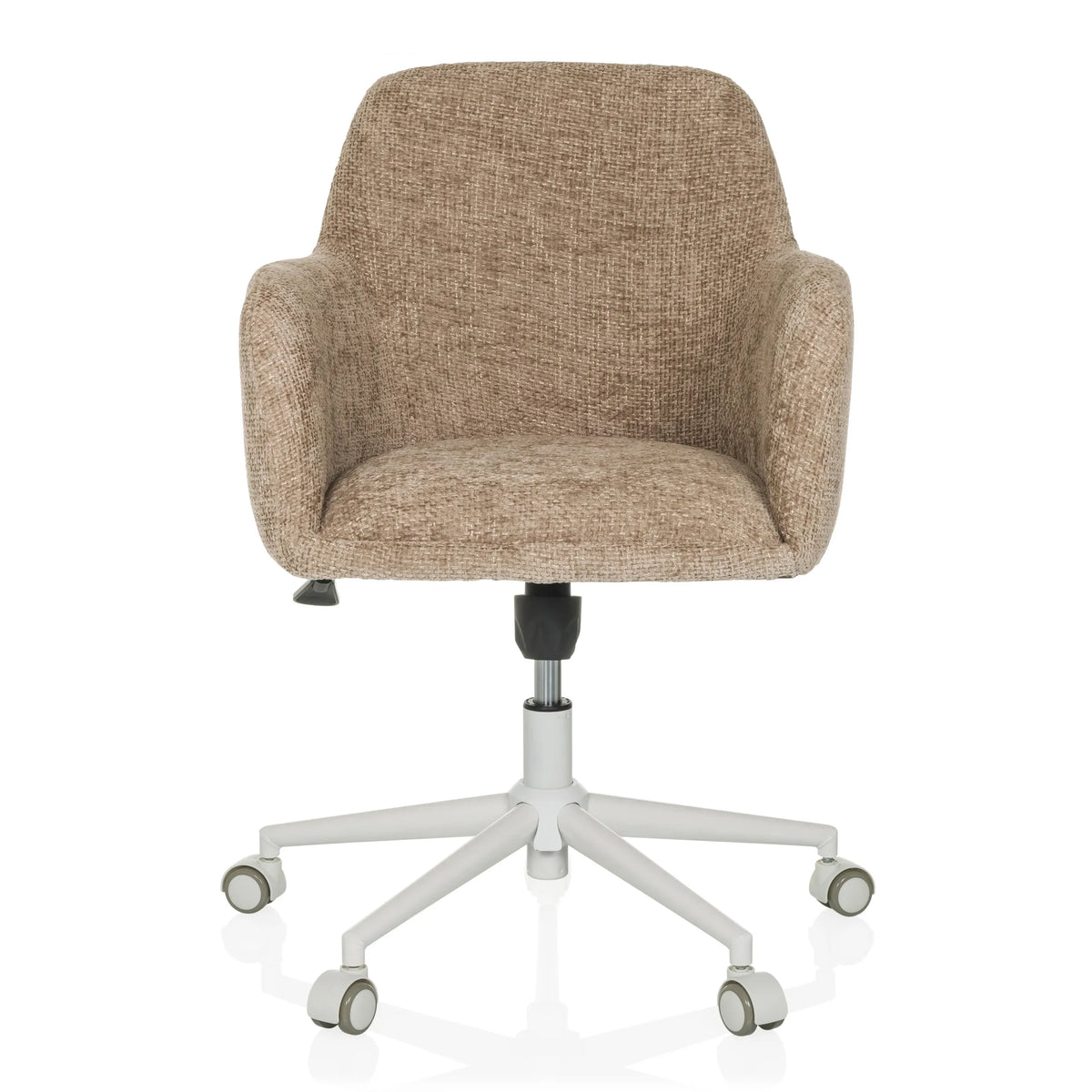 Beiger Homeoffice-Bürostuhl SOLAO HOME mit Stoffbezug und weißem Fußkreuz mit fünf Rollen von hjh LIVING – 360-Grad-Ansicht (Frontansicht 0°)