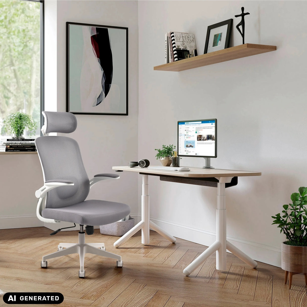 Grauer Homeoffice-Bürostuhl Vertuflex an einem weißen Schreibtisch von MyBuero (KI-generiertes Bild)
