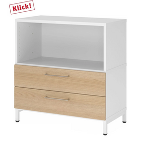 Weißer Lowboard-Schrank FlexWall mit zwei eichenfarbenen Schubladen und weißem Sockelgestell von hjh OFFICE PRO