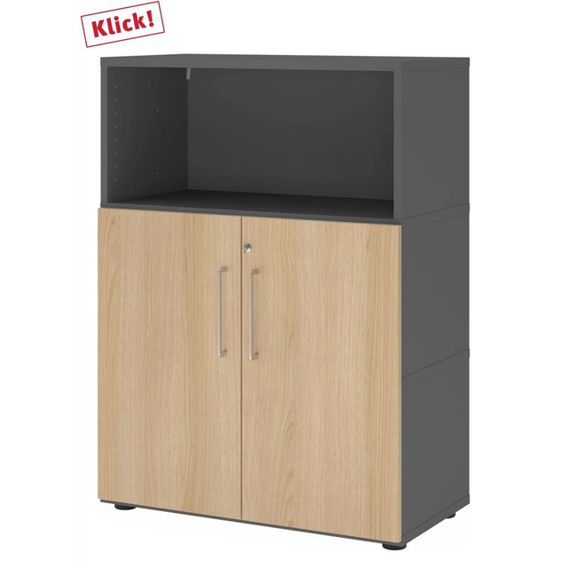 Aktenschrank FlexWall in Graphit und Eiche mit zwei Türen und einem offenen Fach von hjh OFFICE PRO
