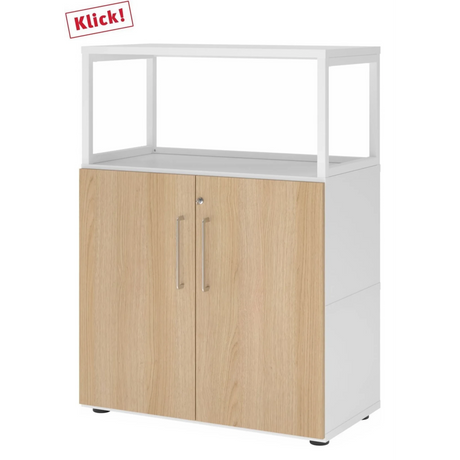 Unterschrank FlexWall in Weiß und Eiche mit zwei Türen und weißem Aufsatzrahmen von hjh OFFICE PRO