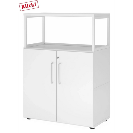 Weißer Unterschrank FlexWall mit zwei Türen, Aufsatzrahmen und schwarzen Stellfüßen von hjh OFFICE PRO