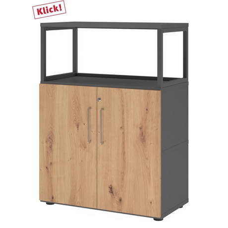 Unterschrank FlexWall in Asteiche und Graphit mit zwei Türen sowie einem Aufsatzrahmen von hjh OFFICE PRO