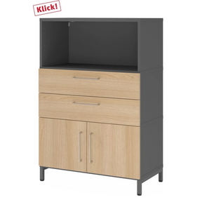 Aktenschrank FlexWall in Graphit und Eiche mit zwei Schubladen, Schranktüren und offenem Fach von hjh OFFICE PRO