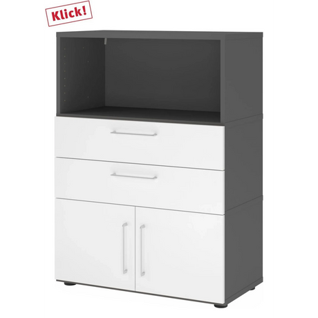 Aktenschrank FlexWall in Graphit und Weiß mit zwei Schubladen, zwei Türen und einem offenen Fach von hjh OFFICE PRO