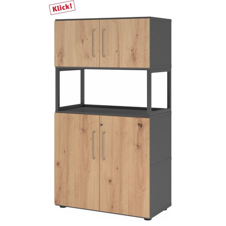 Aktenschrank FlexWall in Asteiche und Graphit mit zwei Türen und offenem Fach von hjh OFFICE PRO