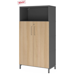 Aktenschrank FlexWall in Graphit und Eiche mit zwei Türen, offenem Fach und Sockelgestell von hjh OFFICE PRO