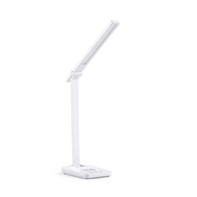 Weiße Schreibtischlampe Lumanova D1 mit schmalem Lampenkopf und flachem Standfuß von hjh OFFICE