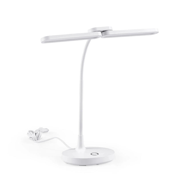 Weiße Schreibtischlampe Lumanova D6 mit flexiblem Hals und rundem Standfuß von hjh OFFICE