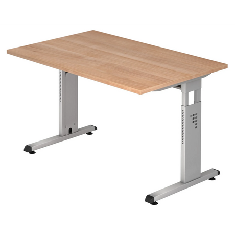 Höhenverstellbarer Schreibtisch MEGA 12 S mit Nussbaum-Platte und silbernem Gestell von hjh OFFICE PRO