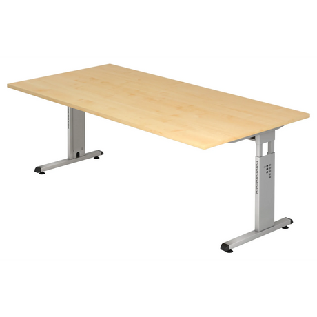 Höhenverstellbarer Schreibtisch MEGA 2E S in Ahorn-Optik mit silbernen Gestellbeinen von hjh OFFICE PRO