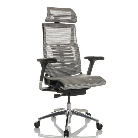 High-End-Bürostuhl POFIT GEN2 in Hellgrau mit Netzbezug und Kopfstütze von hjh OFFICE