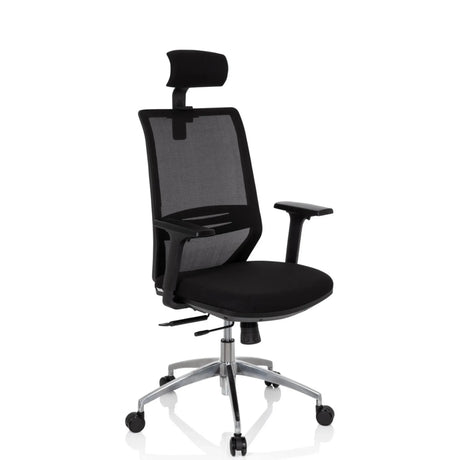Profi-Bürostuhl PROFONDO PRO in Schwarz mit Netzrückenlehne, Kopfstütze und silbernem Fußkreuz von hjh OFFICE