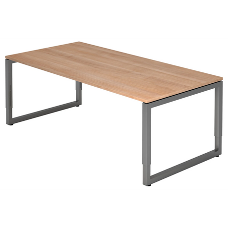 Höhenverstellbarer Schreibtisch REGO 2E G in Nussbaum-Optik mit graphitfarbenem Gestell von hjh OFFICE PRO